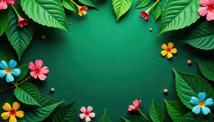 Fototapeta premium Green leaf texture with scattered colorful blooms amidst it, leafy, flowers, colors