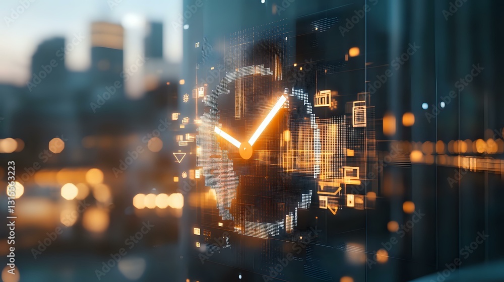 Poster glowing checkmark symbol over blurred urban cityscape with digital overlay elements and bokeh lights