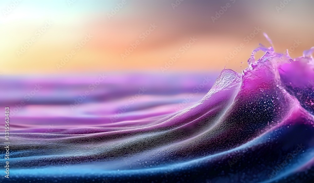 Poster abstract fluid waves in purple and blue colors with glowing light effects and particles creating dyn