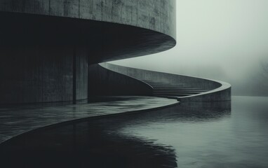 Dark gray concrete structure curving down to a reflective water surface, shrouded in a thick fog, moody atmosphere, architectural details, geometric shapes, mysterious mood