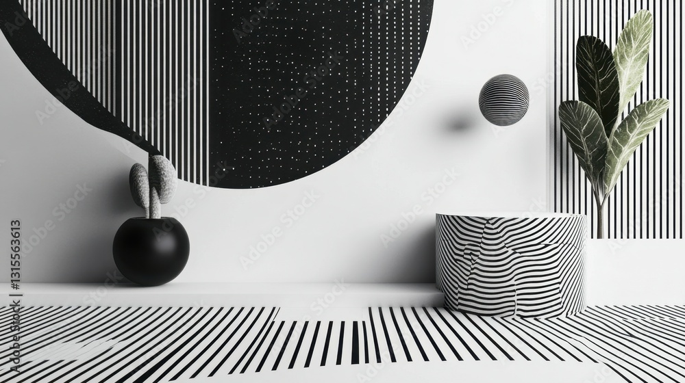 Poster minimalist geometric pattern with bold lines and shapes in black and white, emphasizing elegance