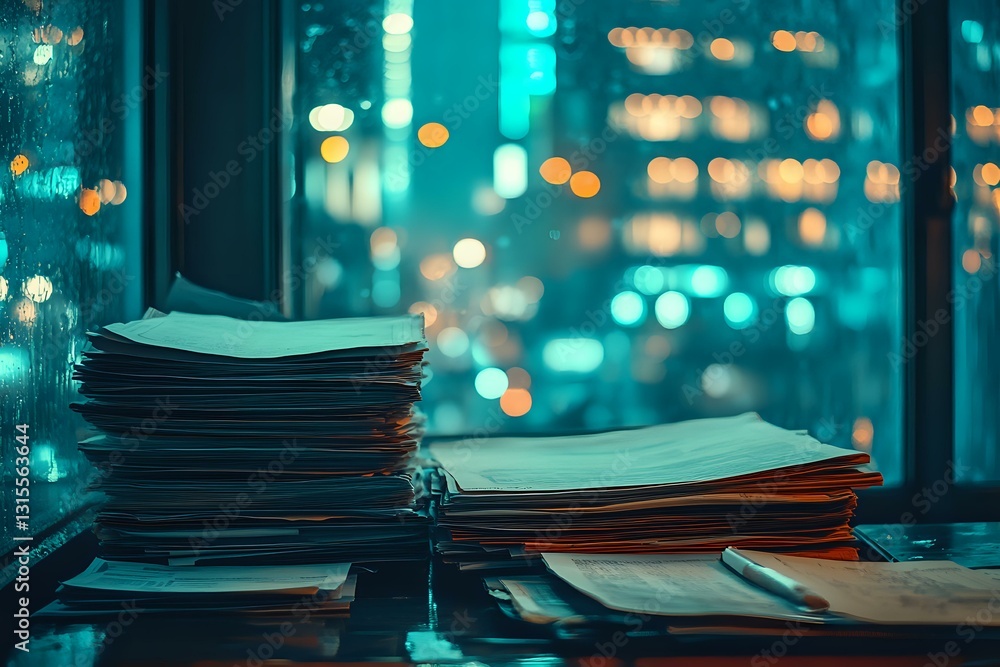Poster stack of papers and documents on desk against blurred city lights at night, creating moody atmospher