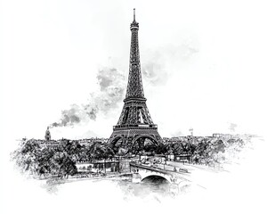 Line drawing of famous world landmarks on a white background, depicted in a handdrawn sketch style, representing travel concepts