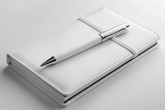 stationery design, libreta blanca a sin marcas, bolgrafo metlico brillante fondo minimalista en tonos claros