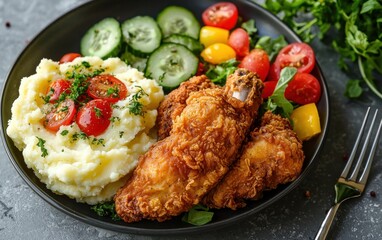 Fototapeta premium Crispy fried chicken drumsticks served with creamy mashed potatoes and a fresh side salad of cucumbers, cherry tomatoes, and mixed greens. The meal is plated on a dark grey plate