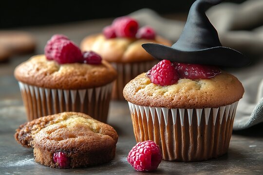 Delicious muffins with fresh raspberries and a tiny witch hat
