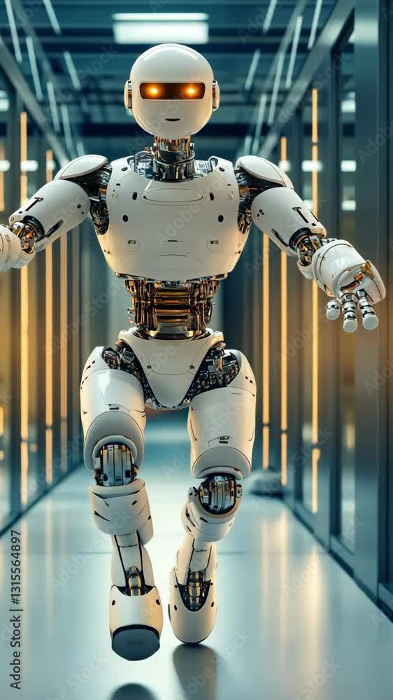 Poster advanced humanoid robot navigating a futuristic corridor in a tech facility during a demonstration o