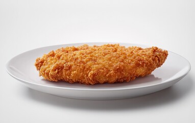 Crispy golden-brown breaded cutlet on a white plate against a bright white background.  Close-up studio shot with shallow depth of field