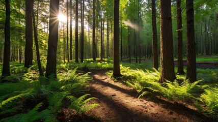 Obraz premium Forest with sunlight shining through trees. Sunlight creates beautiful shadows on ground. Forest is lush and green