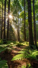 Fototapeta premium Forest with sunlight shining through trees. Sunlight creates beautiful shadows on ground. Forest is lush and green