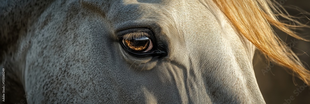 Poster close up of a horses eye with flowing mane against a blurred background capturing the essence of equ