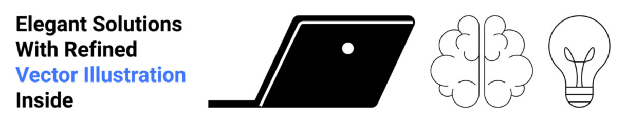 Minimalist laptop, creative brain design, and lightbulb outline convey technology, innovation, and ideas. Ideal for tech education, brainstorming, creativity, solutions learning and inspiration