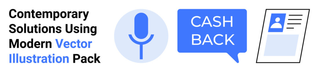 Fototapeta premium Microphone icon, speech bubble with cashback text, ID card with profile photo. Ideal for business, finance, digital apps, loyalty programs, identity, audio tech flat landing page banner