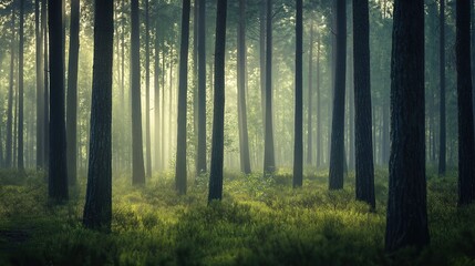 Obraz premium Tranquil forest bathed in soft sunlight, earthy tones blending harmoniously, evoking peace and natural serenity.