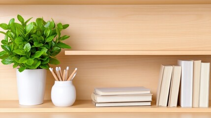 Books and plant on wooden shelf in a bright room for home decor or organization concept