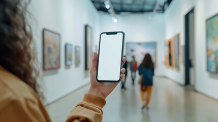 Blank phone screen focus in art gallery with diverse visitors, Mockup