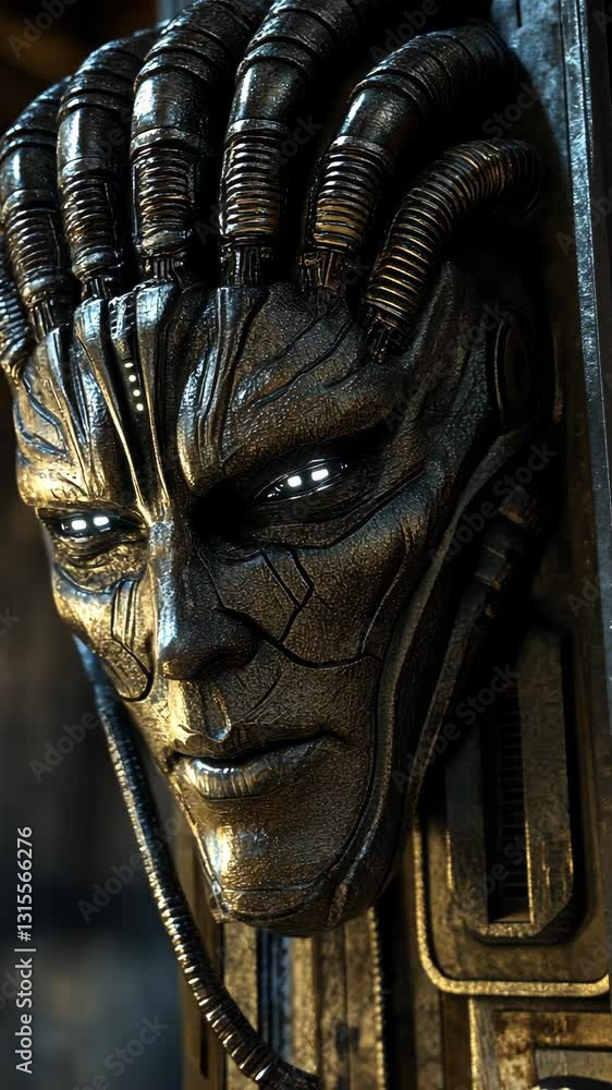 Poster detailed robotic face with intricate design displayed in a futuristic setting under soft lighting at