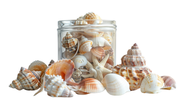 Glass jar filled with seashells and starfish on transparent background