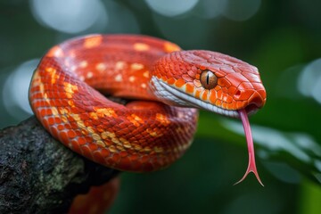 Naklejka premium A cobra coiled around a branch in a rainforest, its tongue flicking out to sense the air