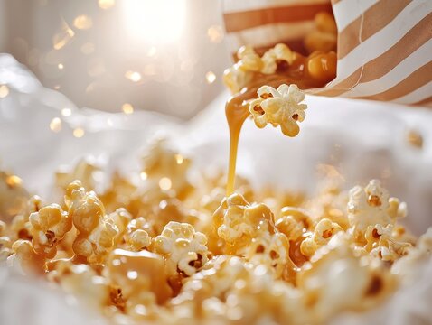 Close-up of caramel popcorn pouring out of a striped bag, each kernel coated in thick golden caramel, warm tones and shallow depth of field
