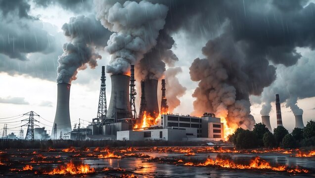 destroyed cooling towers of a nuclear power plant after an explosion