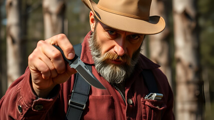 bandit pulls out his pocket folding knife to threats.