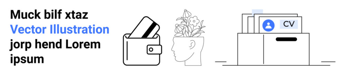 Wallet with cards, head with plant, filing cabinet with CVs. Ideal for financial management, personal growth, organization, job applications, office business human resources. Landing page