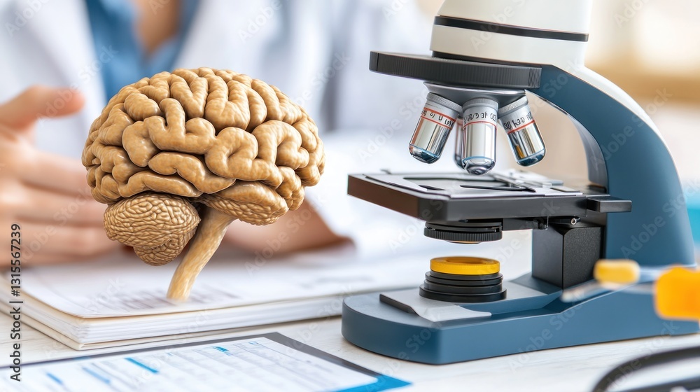 Poster brain model displayed by scientist in lab with microscope for science education