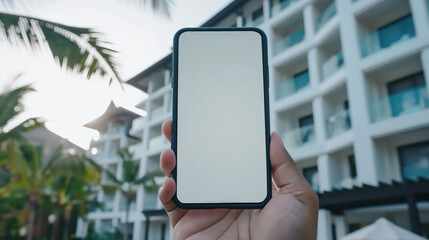 Hand holding smartphone with blank screen in tropical resort setting, Mockup