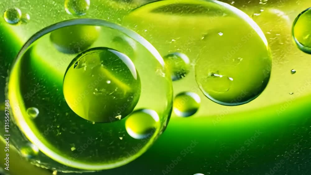 Poster colorful abstract patterns formed by water droplets on a vibrant green background create a mesmerizi