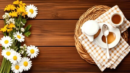 Fototapeta premium Breakfast setting. Tea and daisies on a rustic wooden table, for a homey feeling