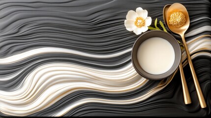 Fototapeta premium Breakfast meal with milk, flower on black-white wavy background. Food photography for blog