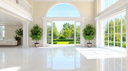 Fototapeta premium Bright airy villa lobby with views of garden; design for rentals, real estate, or vacation