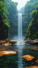 Majestic Waterfall with Rainbow Arcing Through Mist and Lush Green Cliffs in 8k Nature Photography
