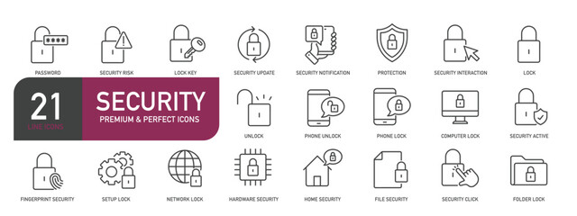 Set of line icons related to security, protection, lock, padlock. Outline icons collection. Editable stroke. Vector illustration