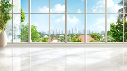 Bright airy room with a panoramic view of a cityscape. Mockup background for interior design