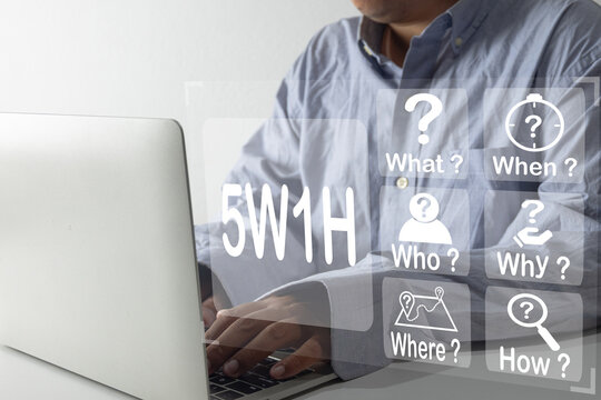 5W1H concept.,businessman typing on a laptop with transparent infographic overlays of who, what, when, where, why, and how questions for research and analysis.