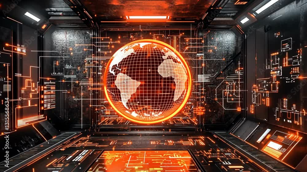 Poster glowing digital globe displayed in a futuristic control room filled with abstract technology