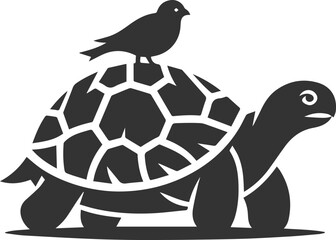 Tortoise with a small bird perched on its shell vector silhouette