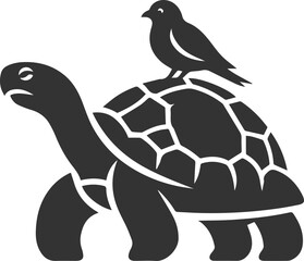 Tortoise with a small bird perched on its shell vector silhouette