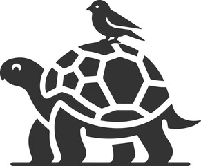 Obraz premium Tortoise with a small bird perched on its shell vector silhouette