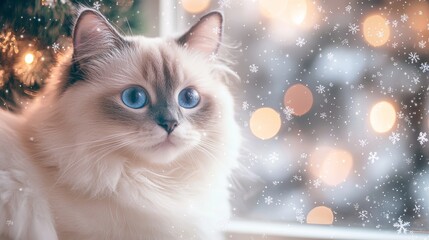Long-haired white cat with icy blue eyes, framed by frosted window glass, blurred snowflakes falling outside, gentle warm light from sunset
