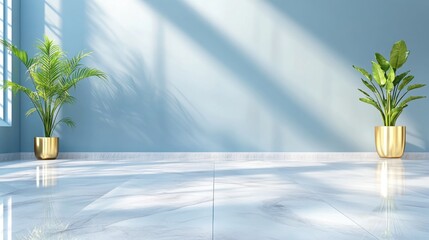 Bright interior with plants, shadow patterns, and a marble floor creates a peaceful, airy ambiance