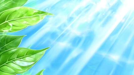 Bright leaves against a blue sky background, sun beams. Use for natural spring design