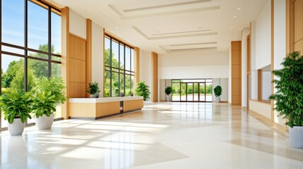 Fototapeta premium Bright lobby with plants and sunlight. Interior is luxurious with trees visible. Use for inspiration