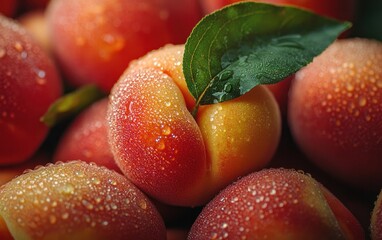 Close-up of ripe peaches with water droplets, a single peach is centered with a green leaf on top.  The background is filled with more peaches