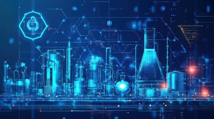 Futuristic Blue Abstract Cityscape with Geometric Shapes and Laboratory Elements