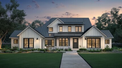 Modern Farmhouse With Black Windows and Metal Roof at Dusk