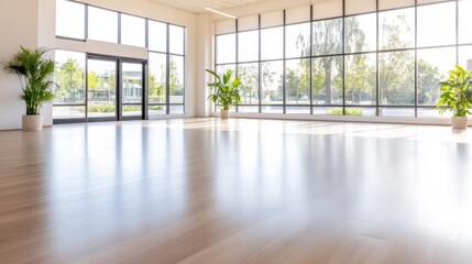 Bright open hall with plants, big windows looking outside for real estate, business, events uses
