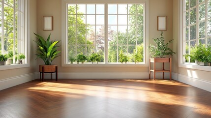 Obraz premium Bright Room interior with plants and view of greenery. Space for use as a backdrop